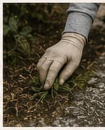 Main gantée retirant une pousse d’herbe au pied d’une sépulture